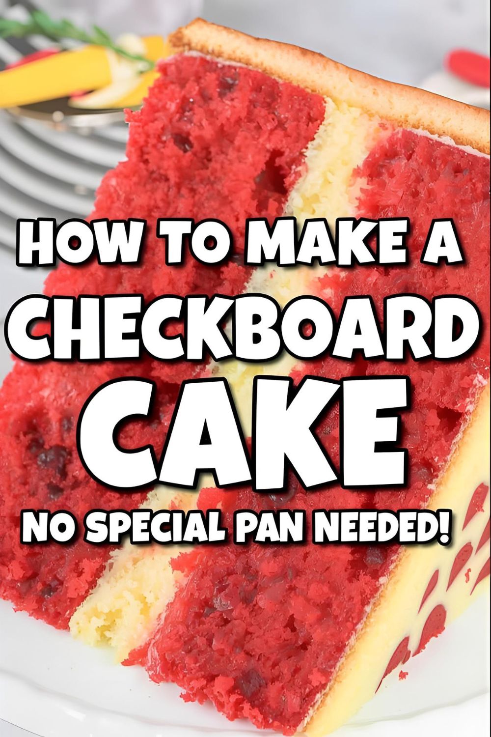 A flat lay showing the "hack" tools for a checkerboard cake: two cakes, cardboard templates, and a knife.