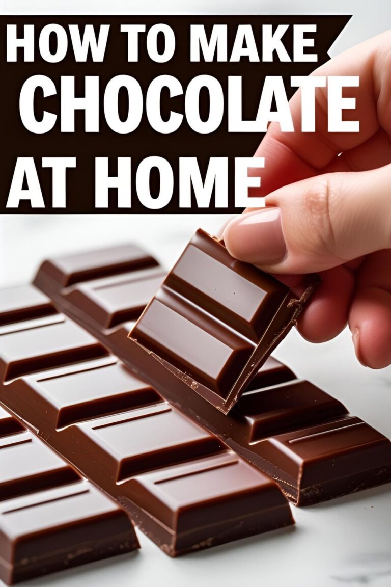 A hand snapping a piece of a homemade chocolate bar with the text overlay "How to Make Chocolate at Home."