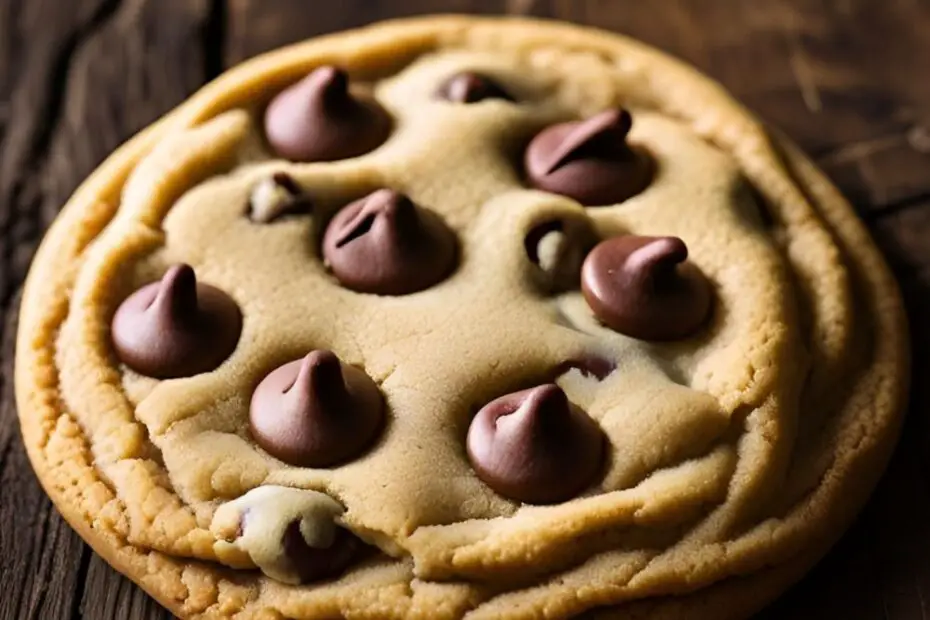 A perfect homemade chocolate chip cookie with pools of melted chocolate, ready to be eaten.
