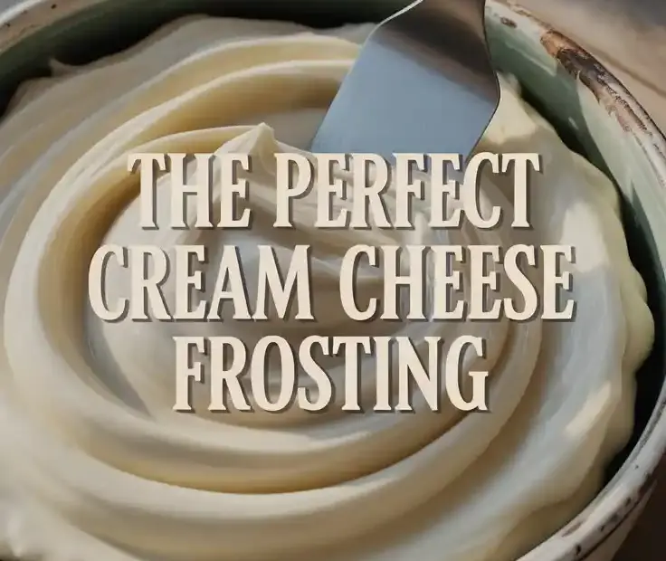 A white bowl filled with thick and creamy homemade cream cheese frosting, with a perfect swirl made by a spatula.