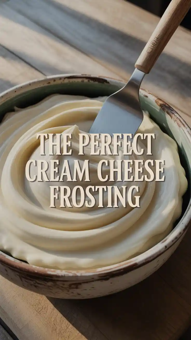 A white bowl filled with thick and creamy homemade cream cheese frosting, with a perfect swirl made by a spatula.
