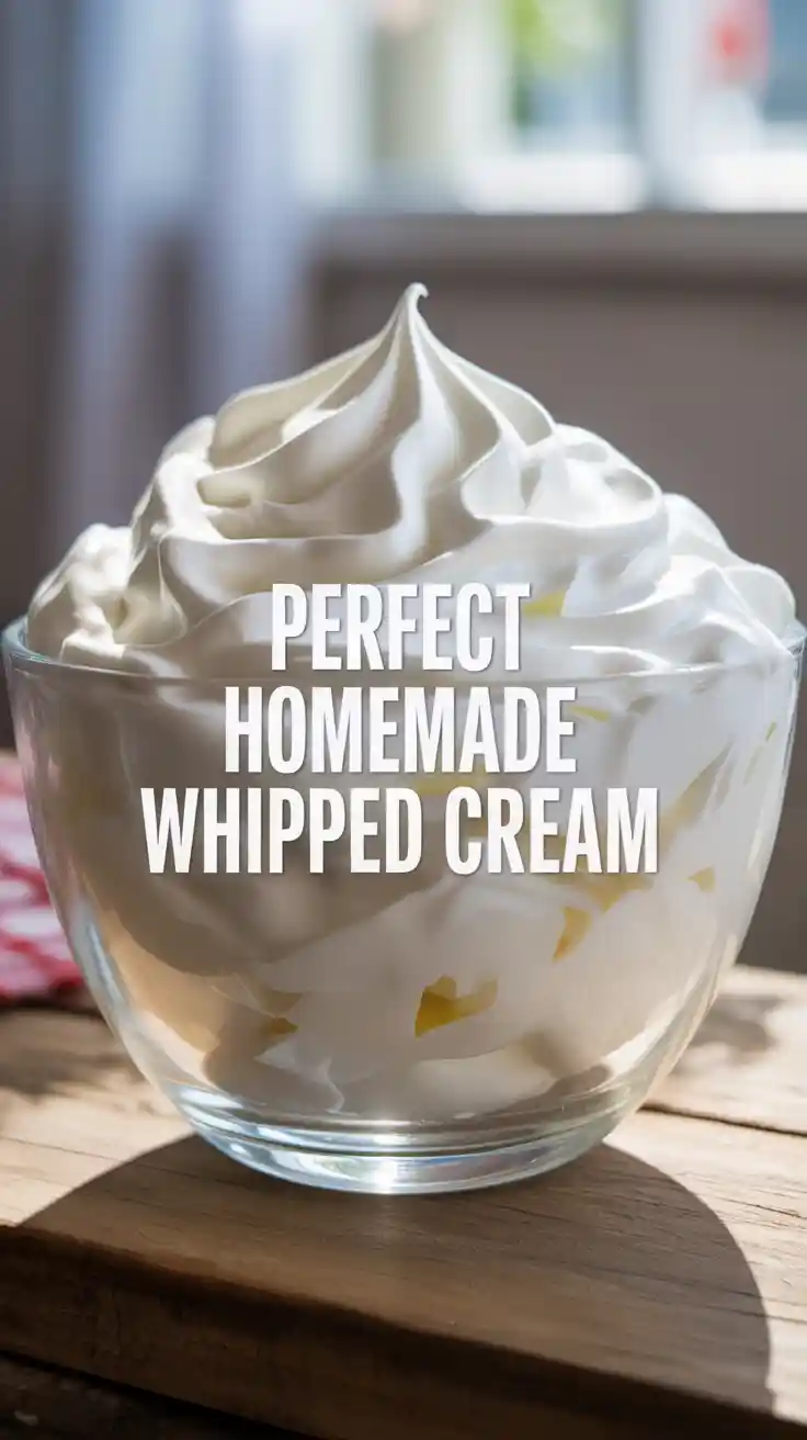 A glass bowl filled with thick and fluffy homemade whipped cream, showing perfect, stiff peaks.