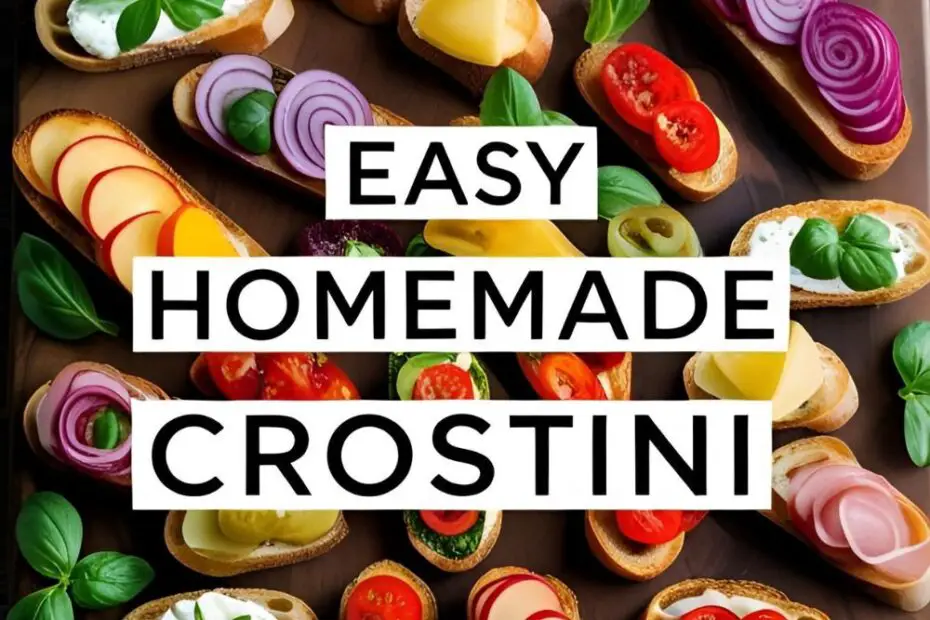 A beautiful wooden board laden with various crostini appetizers, featuring tomato, goat cheese, and smoked salmon toppings.