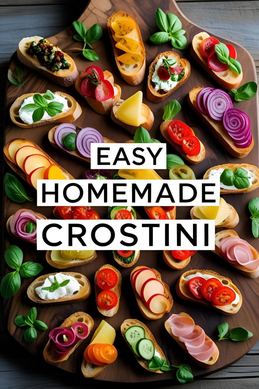 A beautiful wooden board laden with various crostini appetizers, featuring tomato, goat cheese, and smoked salmon toppings.