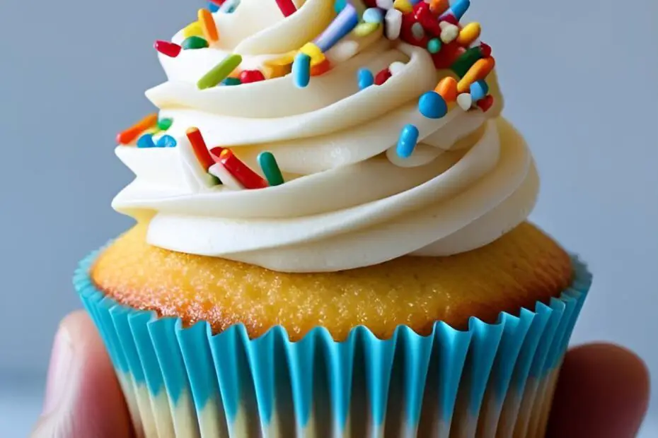 A hand holding a perfectly frosted homemade vanilla cupcake with a swirl of buttercream and colorful sprinkles.