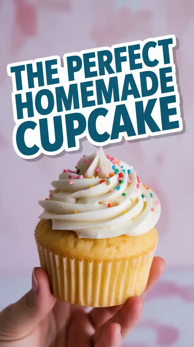 A hand holding a perfectly frosted homemade vanilla cupcake with a swirl of buttercream and colorful sprinkles.