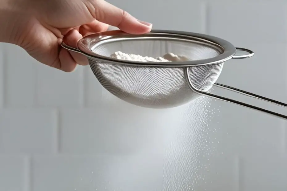 A hand sifting flour and cornstarch through a sieve into a bowl, demonstrating how to make cake flour at home