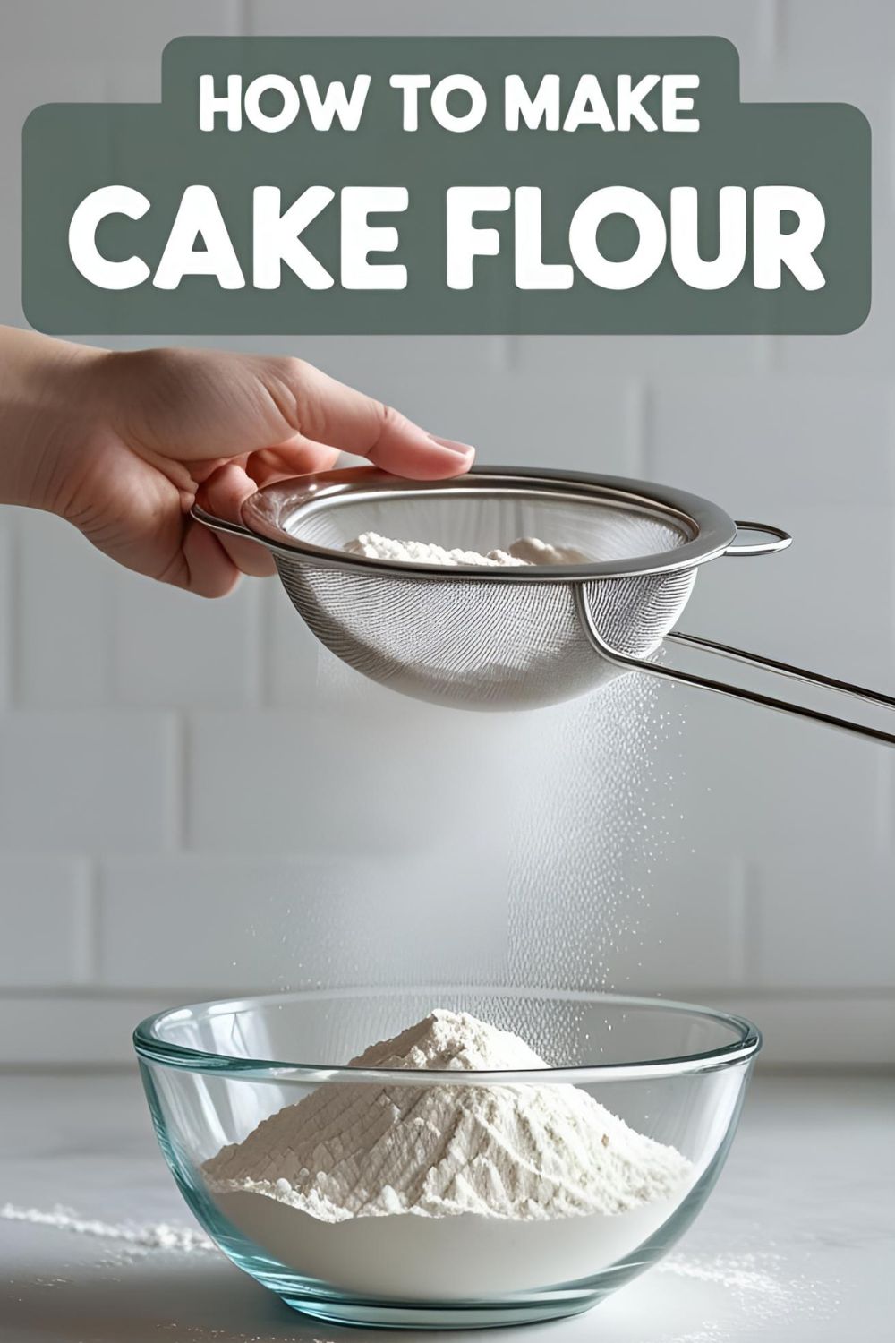 A hand sifting flour and cornstarch through a sieve into a bowl, demonstrating how to make cake flour at home