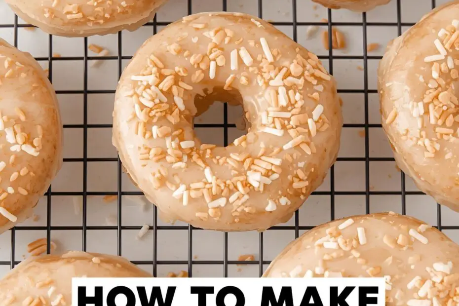 Text overlay "How to Make Donuts at Home Easy" on a delicious image of several glazed donuts on a wire rack.