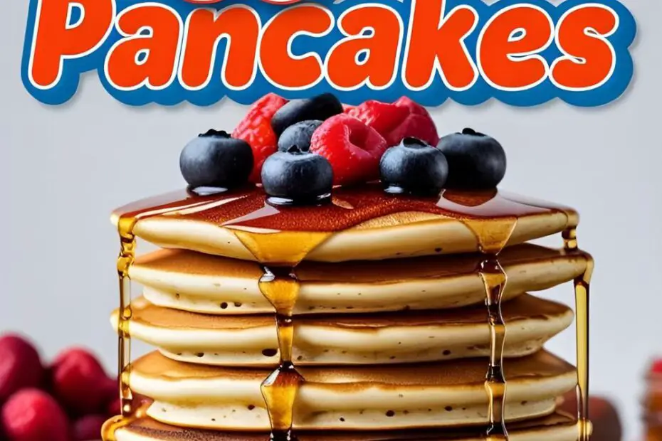 A tall stack of fluffy eggless pancakes with syrup and berries, with text overlay reading "Fluffy Eggless Pancakes."