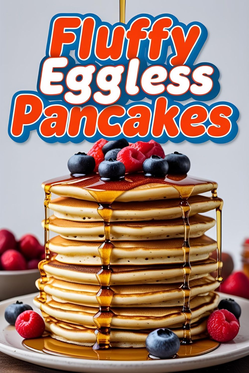 A tall stack of fluffy eggless pancakes with syrup and berries, with text overlay reading "Fluffy Eggless Pancakes."
