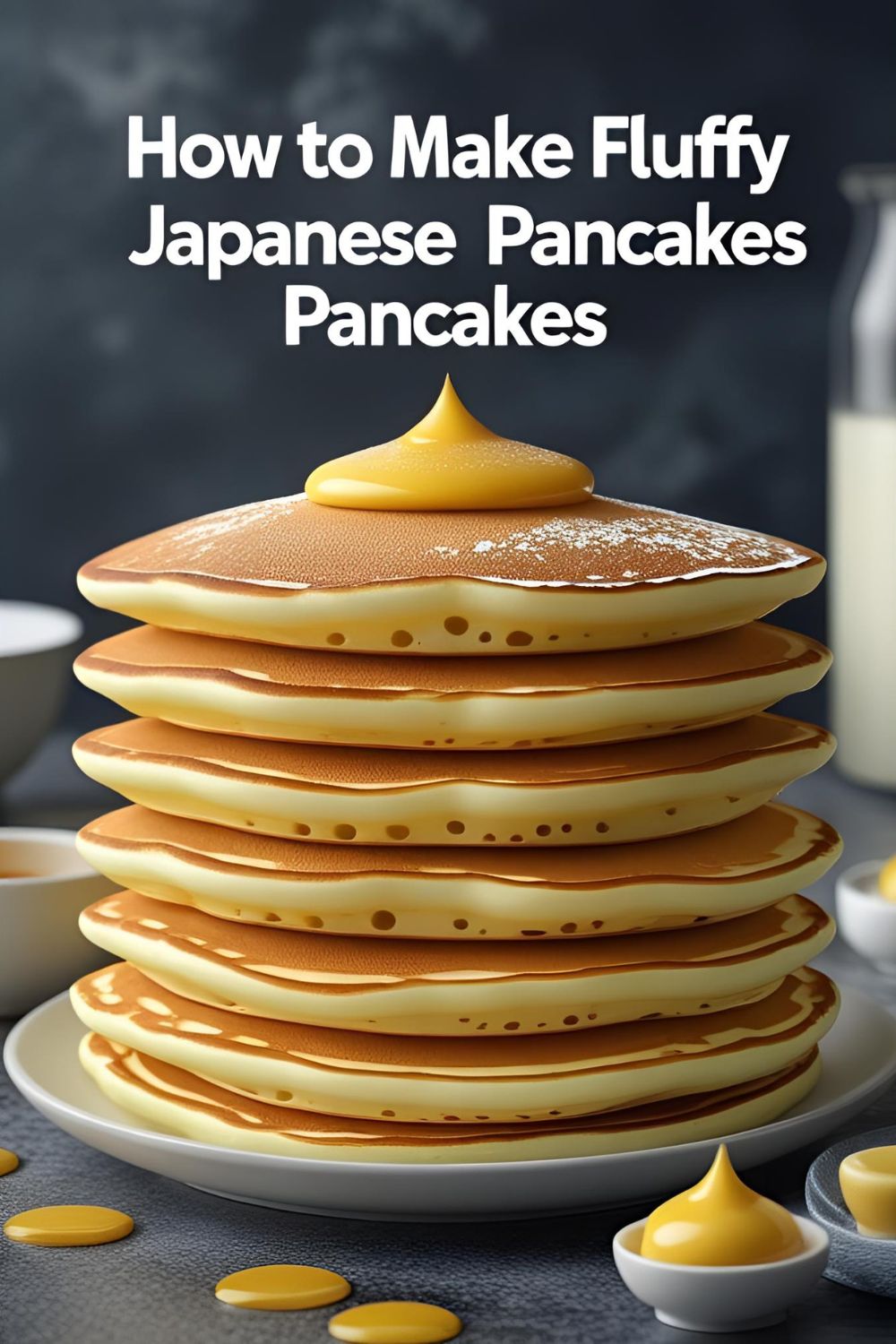 A tall, perfect stack of three fluffy Japanese souffle pancakes with butter and syrup, with the text overlay "How to Make Fluffy Japanese Pancakes."