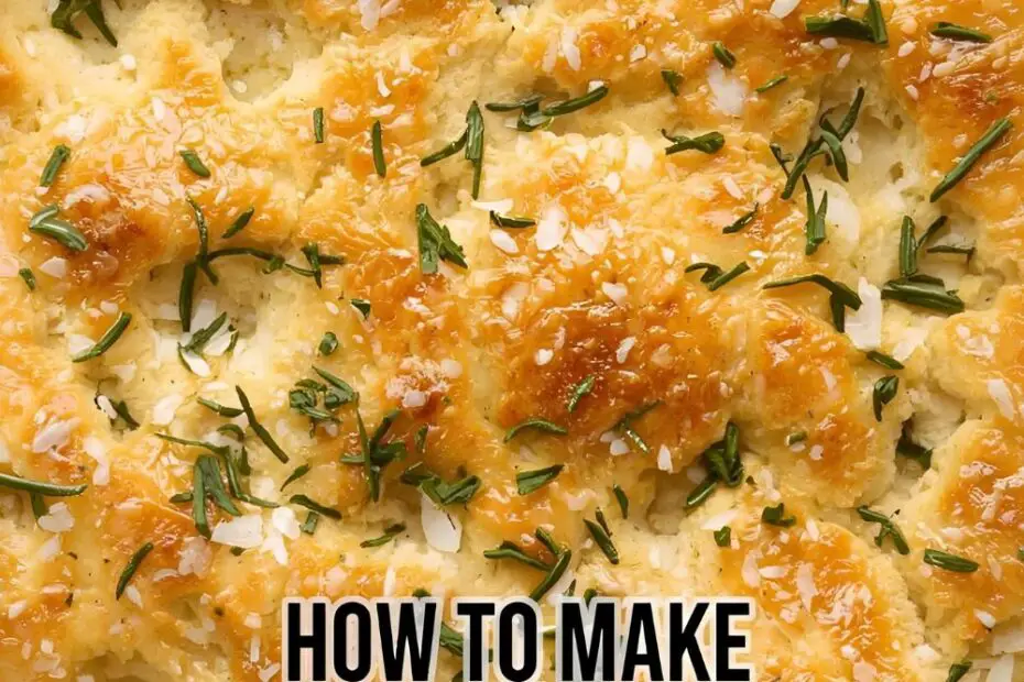 Text overlay "How to Make Focaccia Bread" on a stunning image of a golden-brown, dimpled focaccia with rosemary and flaky salt.
