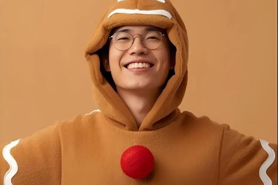 A person happily wearing a large gingerbread man costume with the text overlay "How to Make a Gingerbread Man Costume."