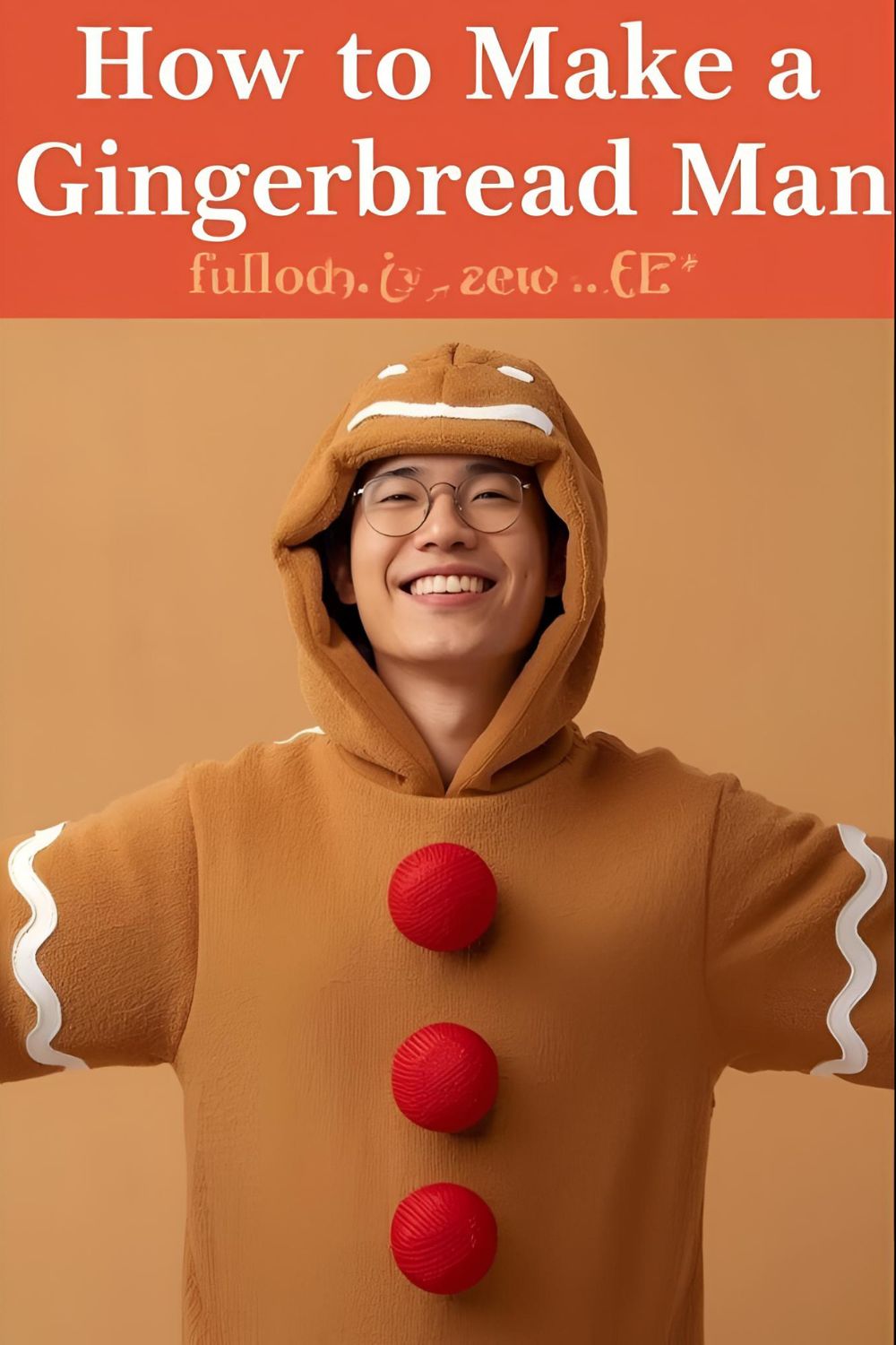 A person happily wearing a large gingerbread man costume with the text overlay "How to Make a Gingerbread Man Costume."