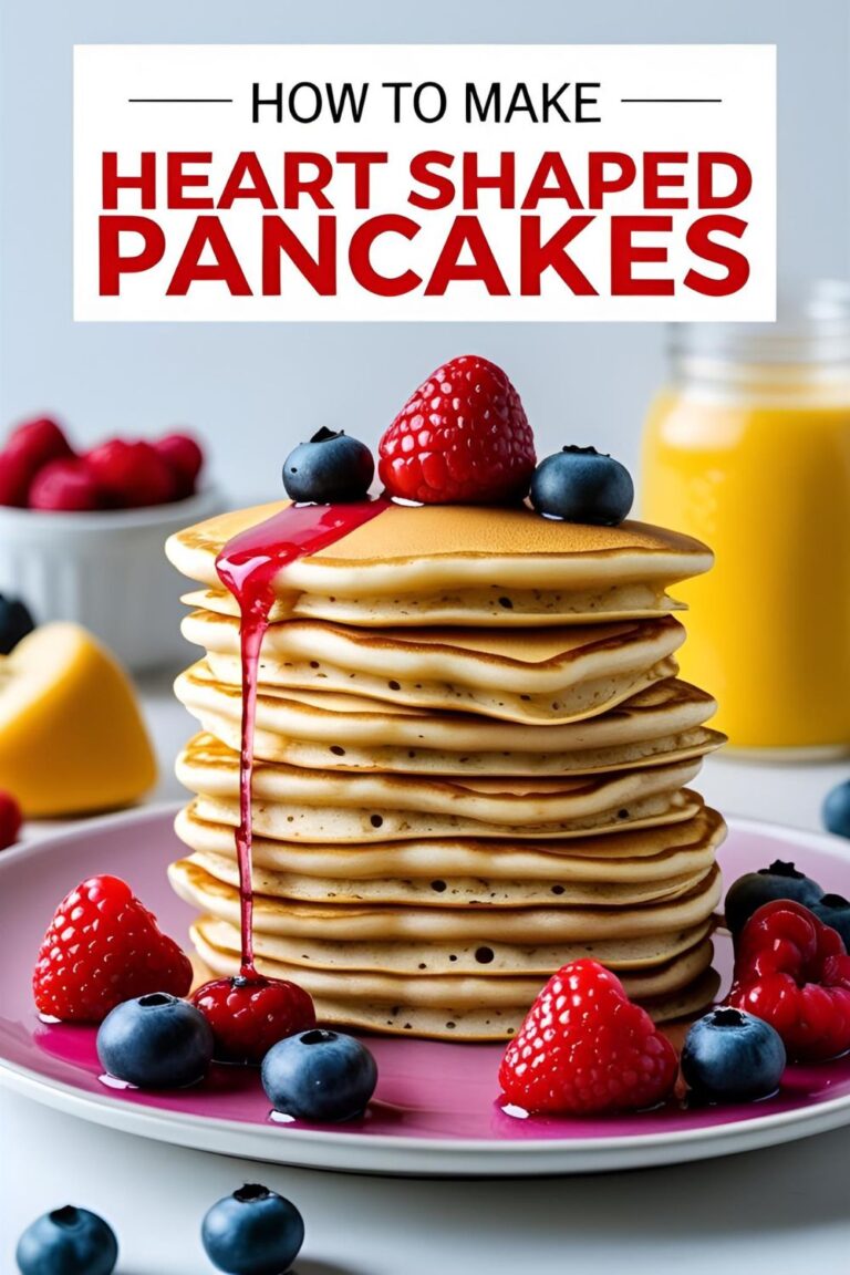 A beautiful stack of heart-shaped pancakes topped with strawberries, with the text overlay "How to Make Heart Shaped Pancakes."