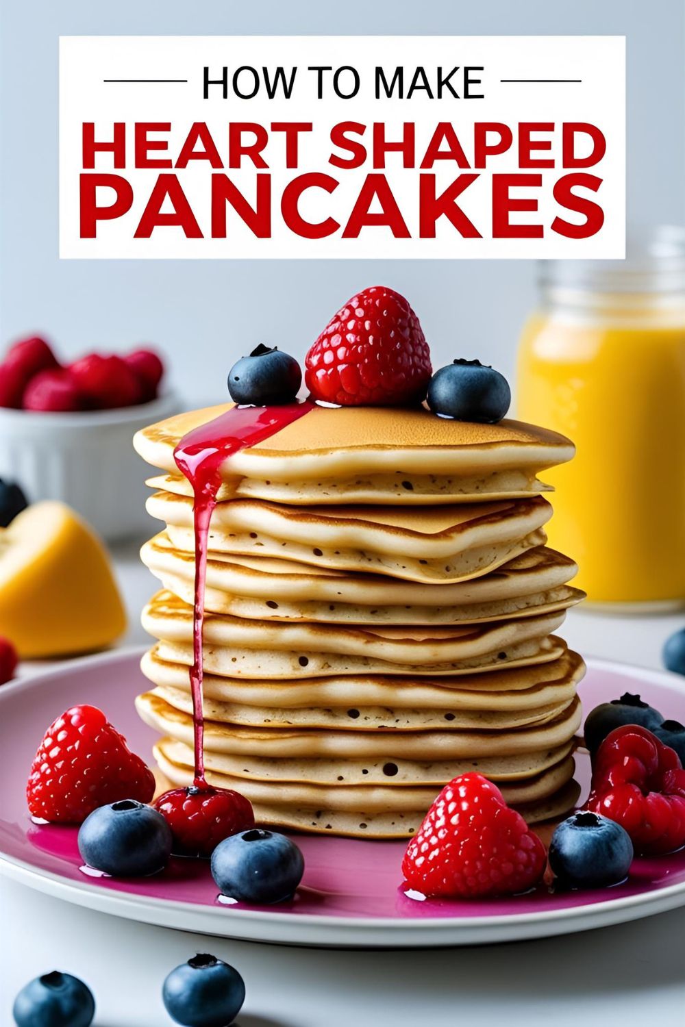 A beautiful stack of heart-shaped pancakes topped with strawberries, with the text overlay "How to Make Heart Shaped Pancakes."