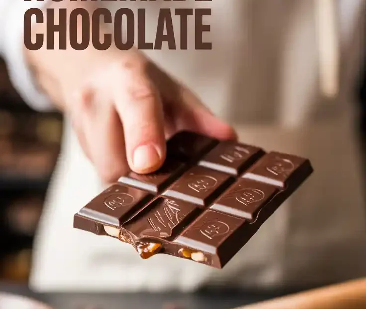 A hand snapping a piece of a homemade chocolate bar with the text overlay "How to Make Homemade Chocolate."