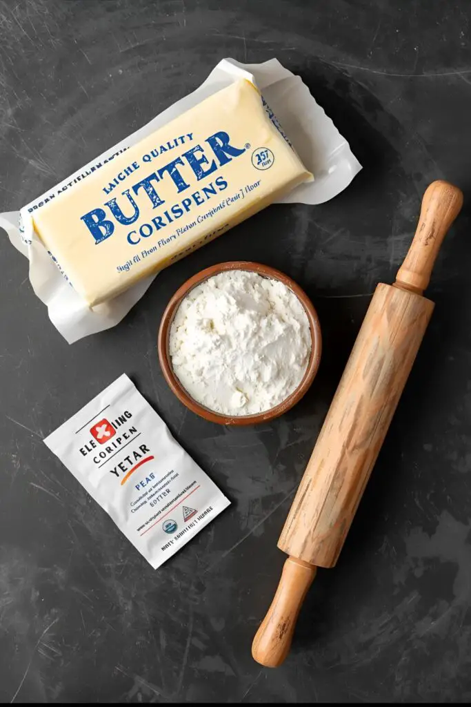 The key ingredients for a homemade croissant recipe: high-fat butter, flour, and yeast.