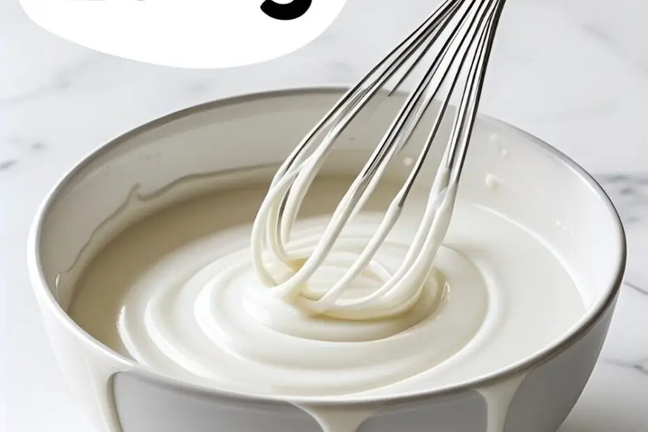 A white bowl filled with smooth, simple homemade icing, with a whisk showing its perfect drizzling consistency.
