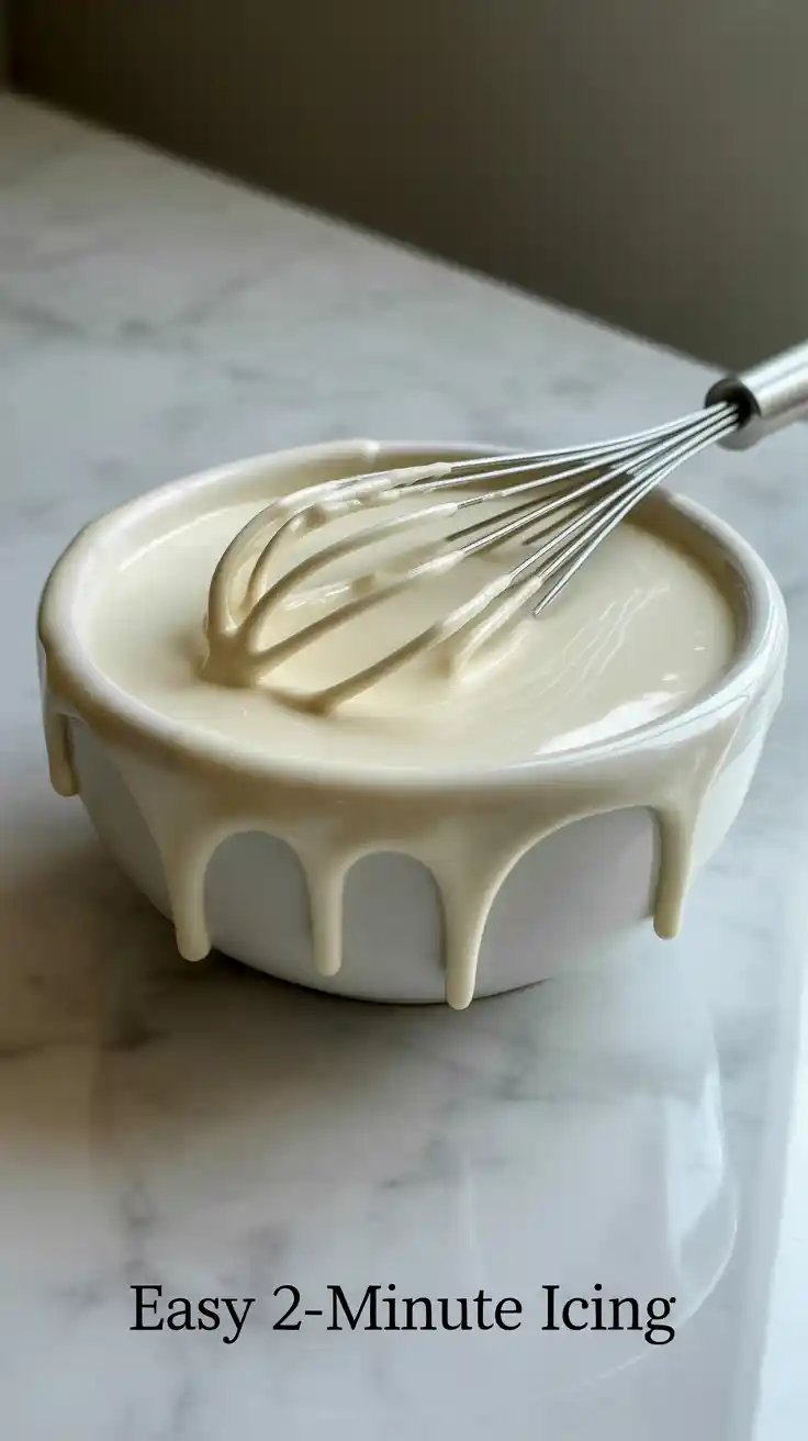 A white bowl filled with smooth, simple homemade icing, with a whisk showing its perfect drizzling consistency.