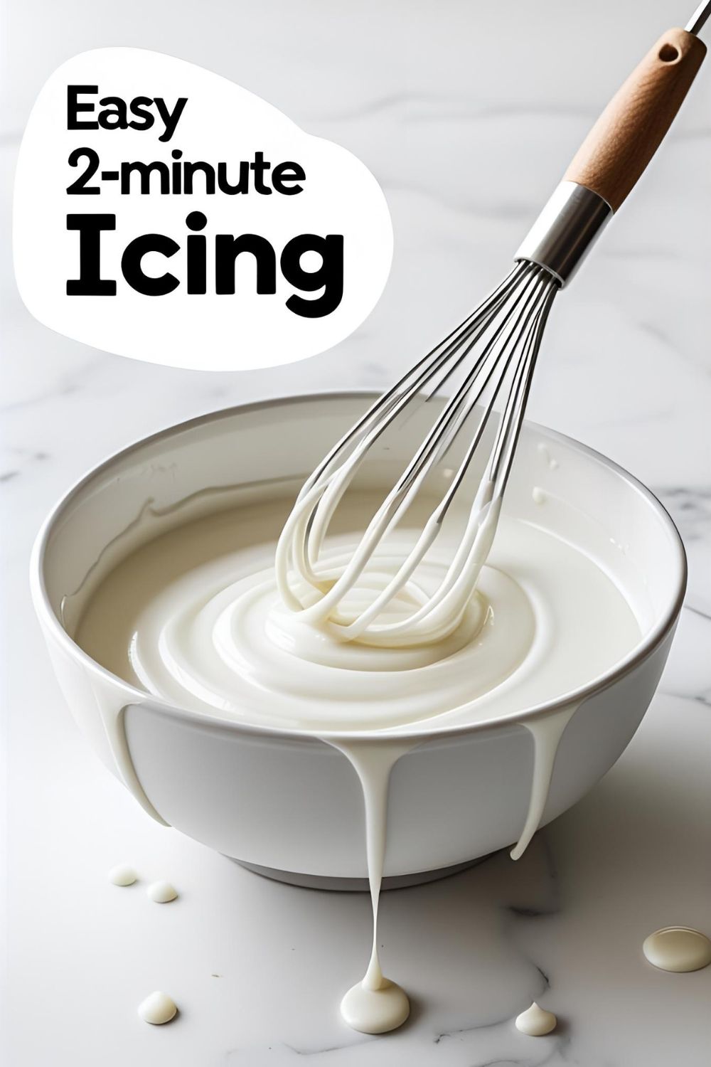 A white bowl filled with smooth, simple homemade icing, with a whisk showing its perfect drizzling consistency.