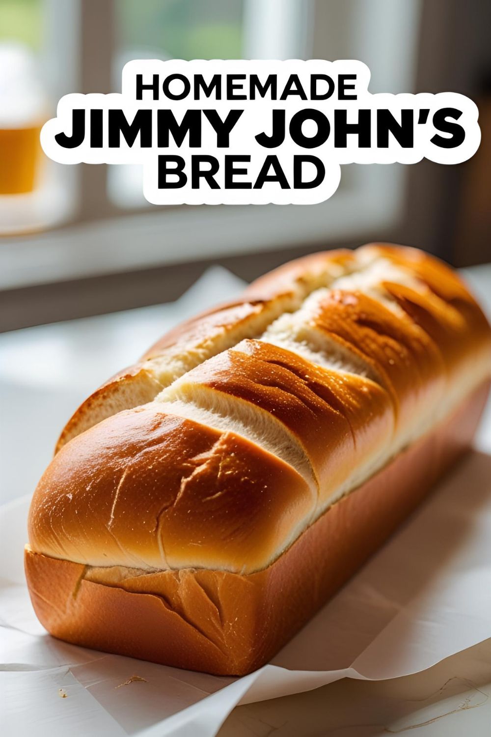 "HOMEMADE JIMMY JOHN'S BREAD" on a bright, appealing image of a freshly baked sub roll.