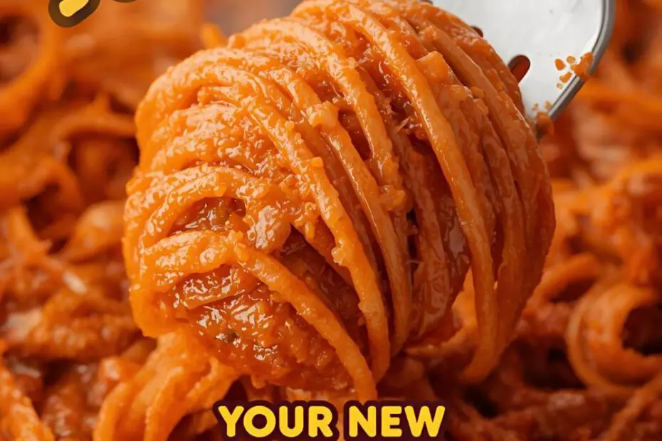 A vibrant bowl of Jollof Spaghetti with the text overlay "How to Make Jollof Spaghetti."