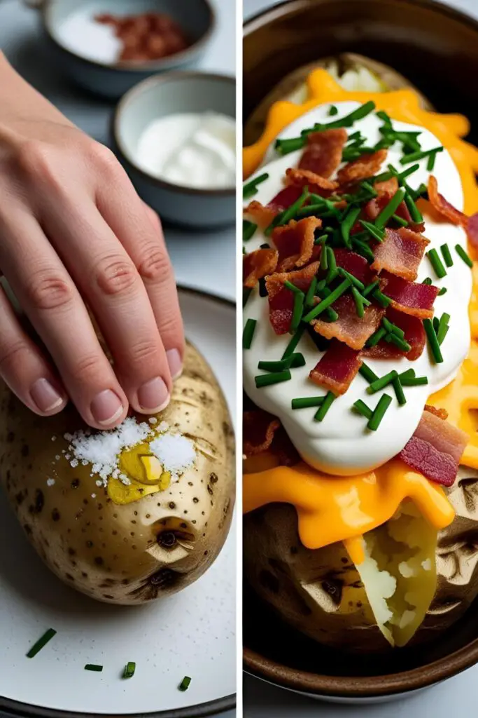 Two images showing how to make a baked potato: one of the prep process, and one of a finished, fully loaded baked potato with all the toppings.