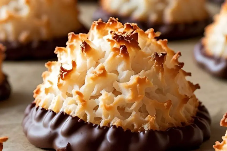 A perfectly baked, golden-brown coconut macaroon with its base dipped in dark chocolate, sitting on parchment paper.
