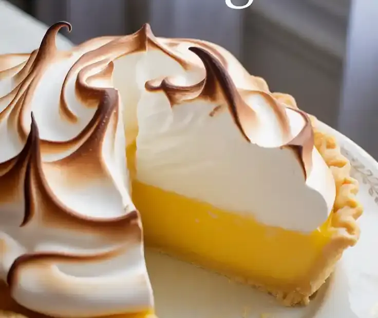A stunning, whole lemon meringue pie on a cake stand, featuring tall, perfectly golden-brown and glossy meringue peaks.