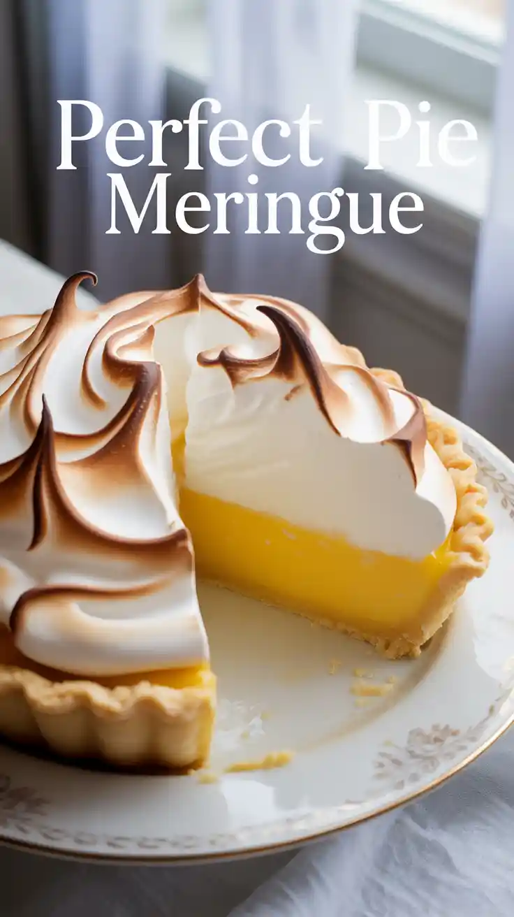 A stunning, whole lemon meringue pie on a cake stand, featuring tall, perfectly golden-brown and glossy meringue peaks.