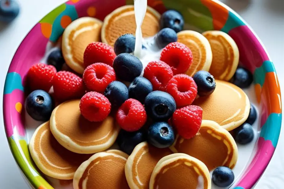 A colorful bowl of mini pancakes being served like cereal with milk and berries, with the text "How to Make Pancake Cereal" overlaid.