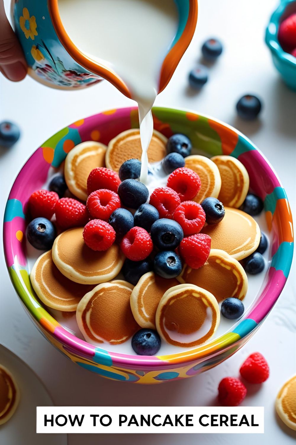 A colorful bowl of mini pancakes being served like cereal with milk and berries, with the text "How to Make Pancake Cereal" overlaid.