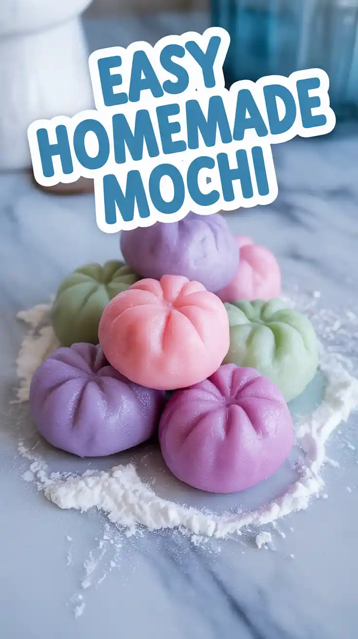 Several small, square pieces of homemade mochi in pink, green, and white, dusted with cornstarch and ready to eat.