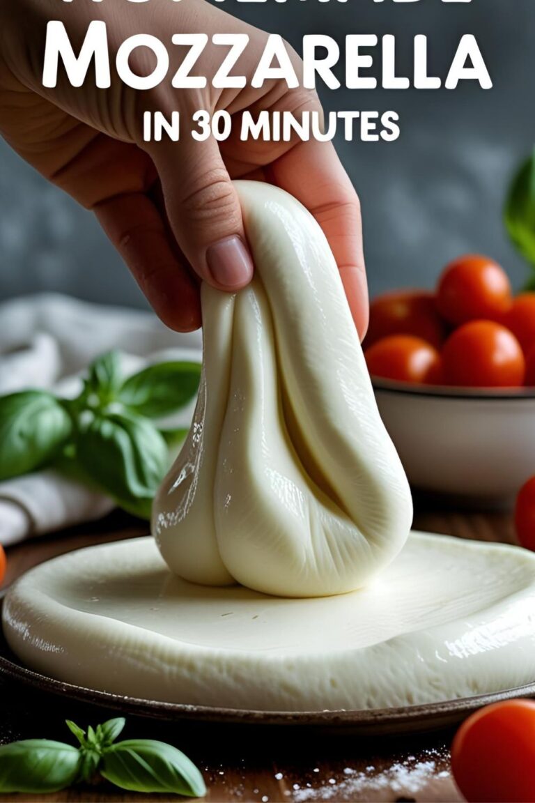 A pair of hands stretching a large piece of fresh, homemade mozzarella cheese, showing its shiny and elastic texture.