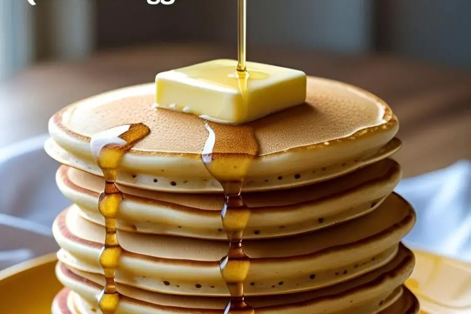 A tall, fluffy stack of pancakes with syrup being poured on them, with the text "The Fluffiest Pancakes (Without Eggs!)" overlaid.