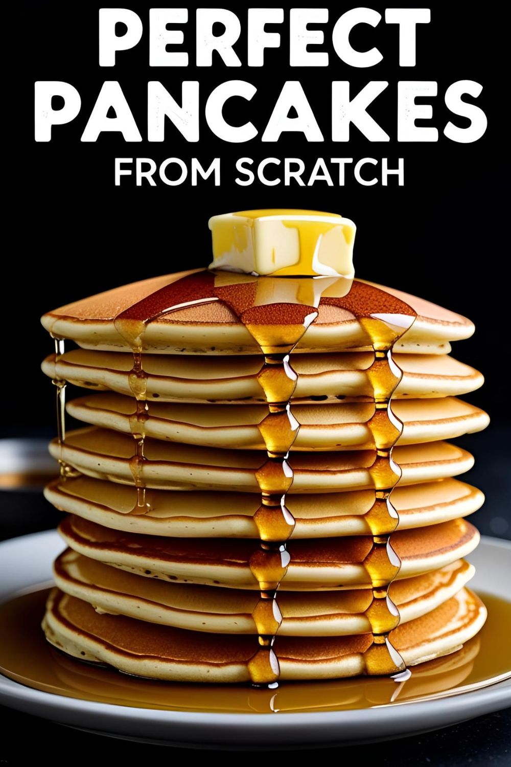 A tall, beautiful stack of perfect homemade pancakes with melting butter and syrup, with text overlay reading "Perfect Pancakes From Scratch.
