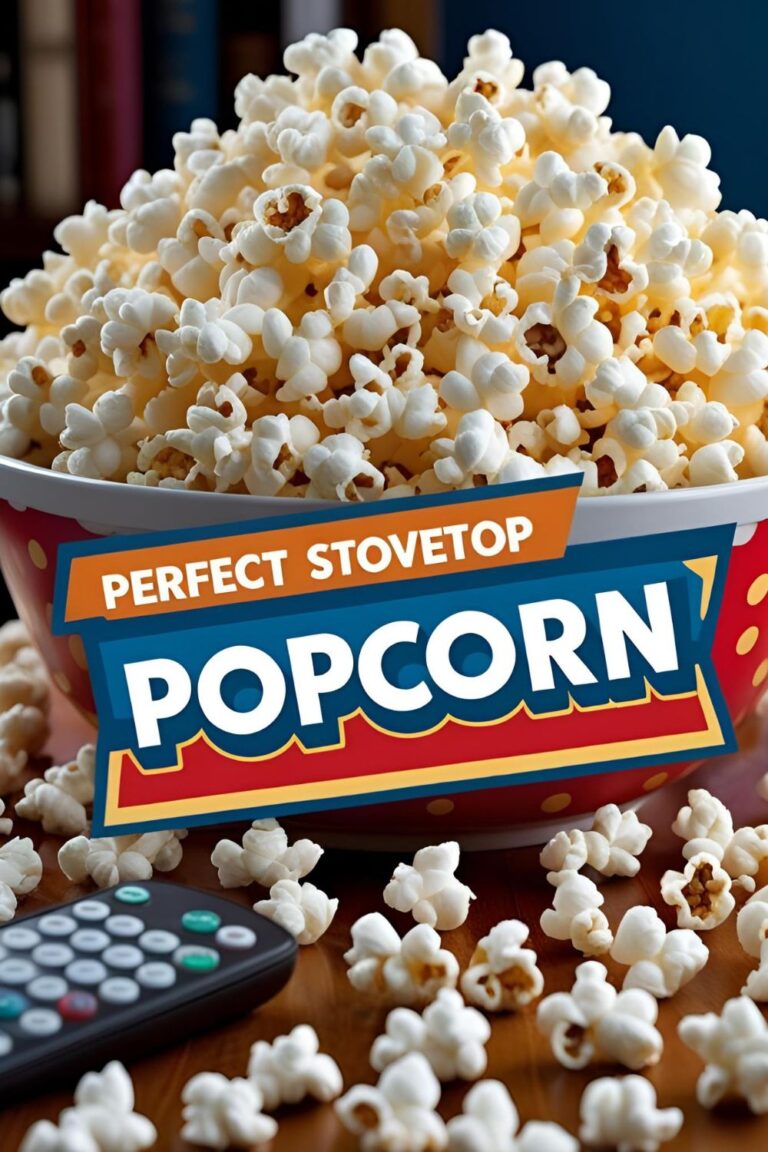 A large red and white striped bowl overflowing with perfect, buttery homemade stovetop popcorn