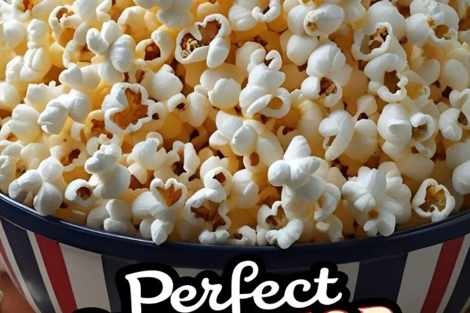 A large red and white striped bowl overflowing with perfect, buttery homemade stovetop popcorn.