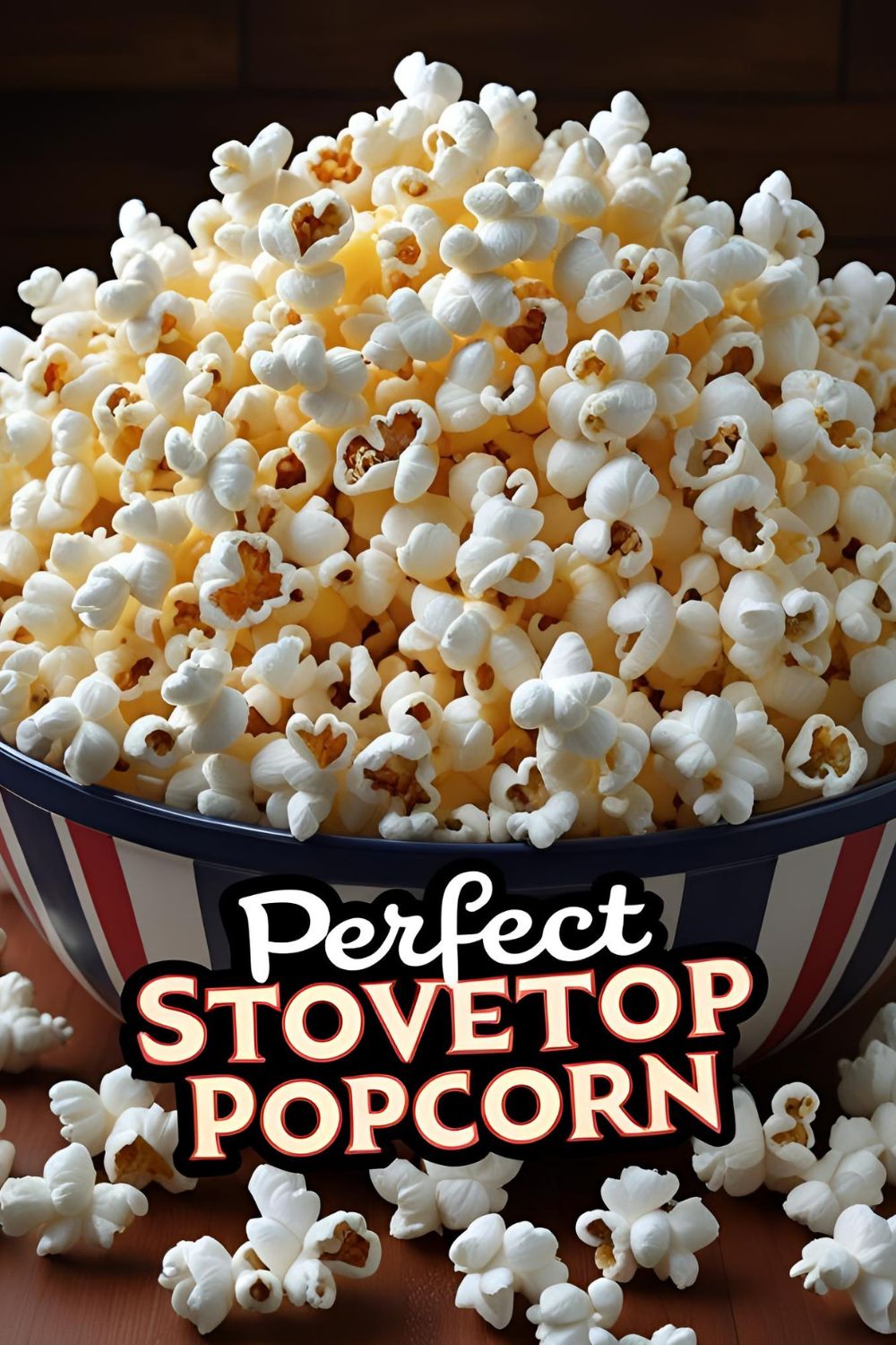 A large red and white striped bowl overflowing with perfect, buttery homemade stovetop popcorn.