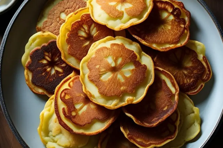 A platter of crispy, golden-brown potato pancakes with sour cream and applesauce, with the text "The Crispiest Potato Pancakes" overlaid.