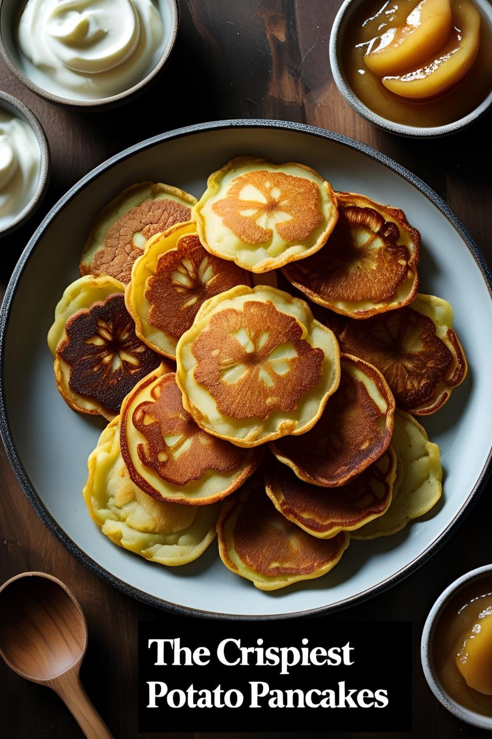 A platter of crispy, golden-brown potato pancakes with sour cream and applesauce, with the text "The Crispiest Potato Pancakes" overlaid.