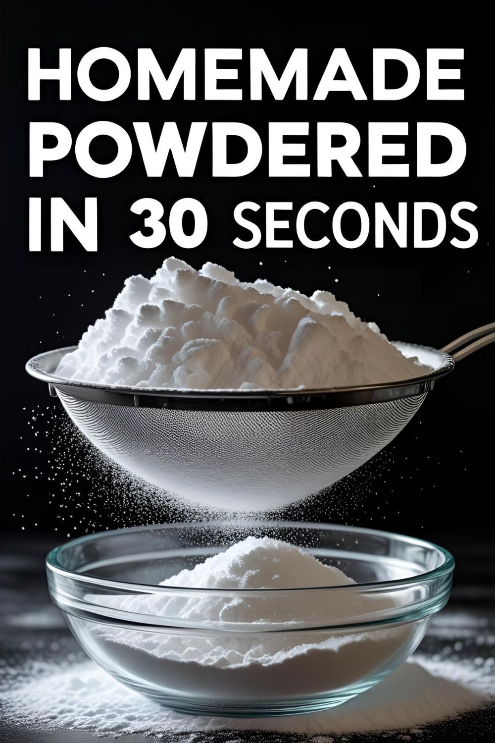 A beautiful shot of homemade powdered sugar being sifted into a bowl, showing its fine, powdery texture.