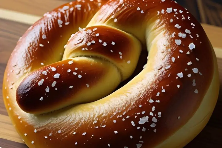 A single, perfect, golden-brown homemade Bavarian-style soft pretzel, generously sprinkled with coarse salt.
