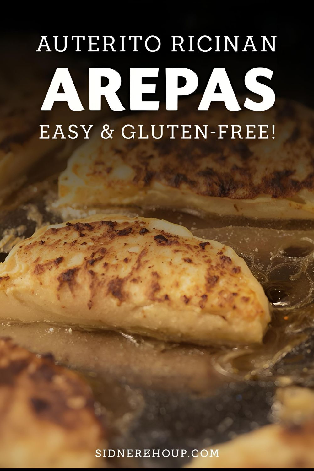 Golden brown Puerto Rican arepas on a griddle with the text "How to Make Puerto Rican Arepas."
