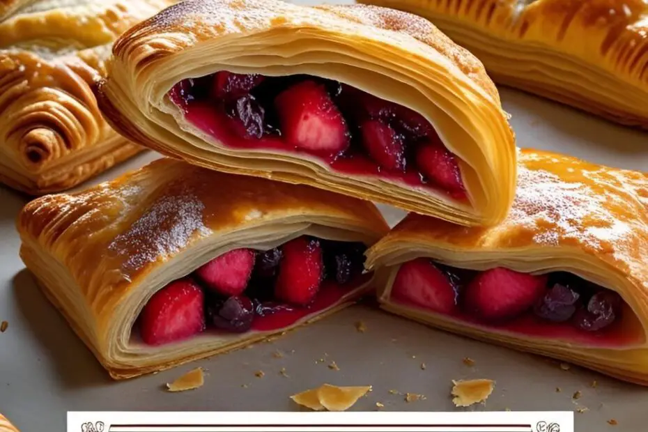 A beautiful, golden-brown baked pastry, broken in half to showcase the incredibly flaky and buttery layers of homemade puff pastry dough.