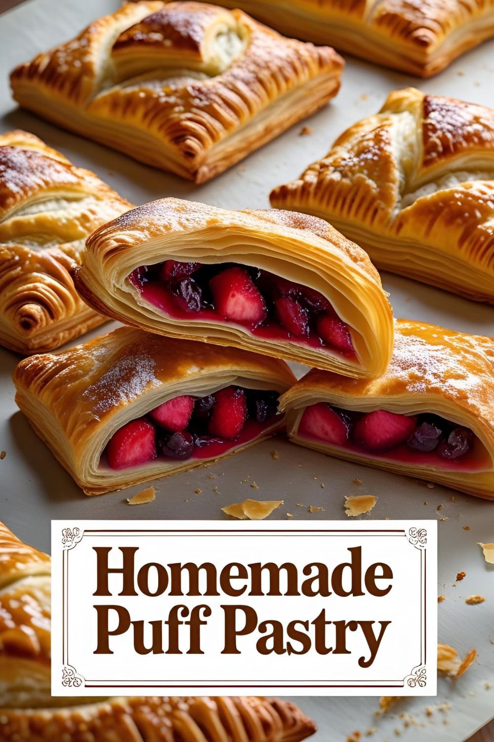 A beautiful, golden-brown baked pastry, broken in half to showcase the incredibly flaky and buttery layers of homemade puff pastry dough.