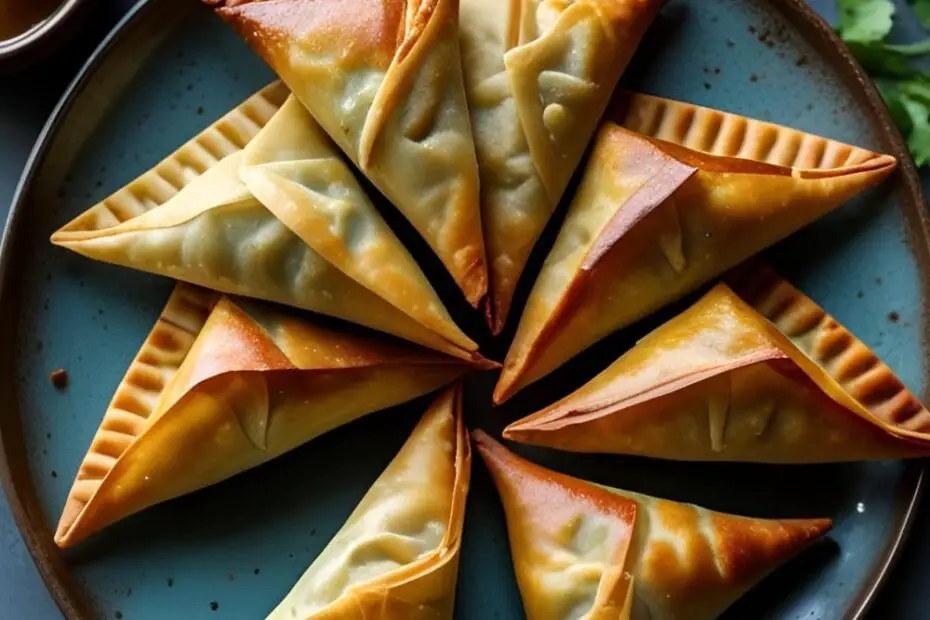 A platter of perfectly golden-brown, crispy samosas served with small bowls of mint and tamarind chutney.