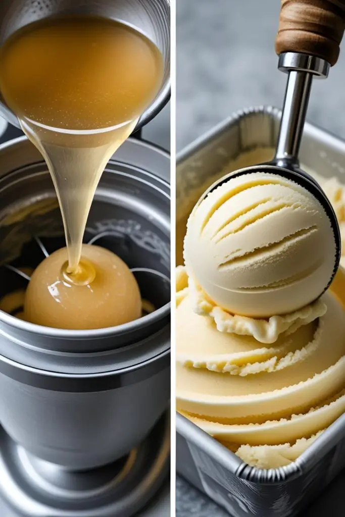 Two images showing the process of making sorbet: one of churning the base, and a close-up of scooping the finished, smooth product.
